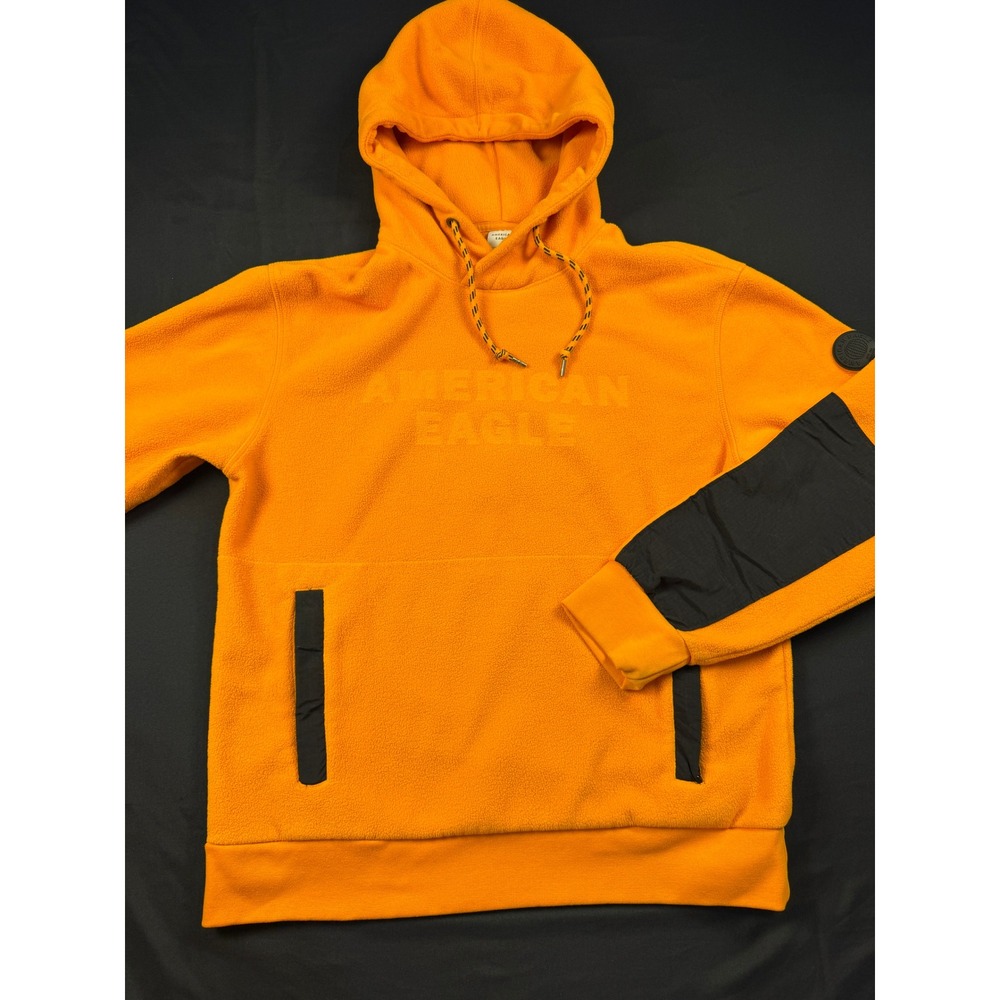 American Eagle Mens Orange Fleece Hoodie Embossed Logo Contrast Sleeve Medium